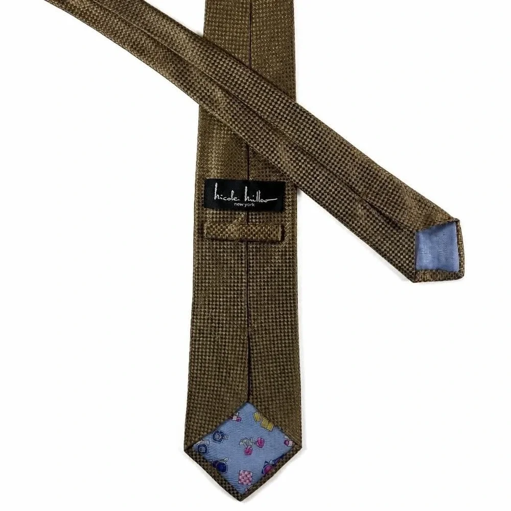 Nicole Miller Silk Tie Mens Gold Bronze Woven Basketweave Novelty Perfume Lining